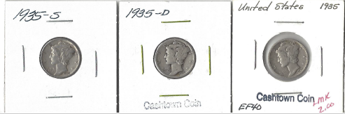 Three Different Mercury Dimes - 1935, 1935-D, & 1935-S