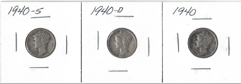 Three Different Mercury Dimes - 1940, 1940-D, & 1940-S