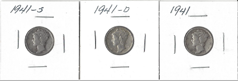 Three Different Mercury Dimes - 1941, 1941-D, & 1941-S