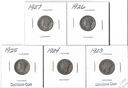 Five Different Mercury Dimes - 1923, 1924, 1925, 1926, & 1927