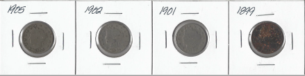 Four Different Liberty Head Nickels - 1899, 1901, 1902, & 1905