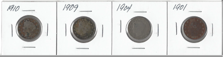 Four Different Liberty Head Nickels - 1901, 1904, 1909, & 1910