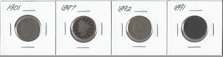 Four Different Liberty Head Nickels - 1891, 1892, 1897, & 1901