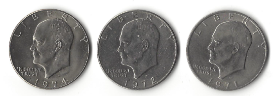 Three Different Eisenhower Dollars - 1971-D, 1972-D, & 1974-D