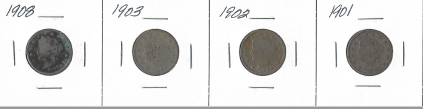 Four Different Liberty Head Nickels - 1901, 1902, 1903, & 1908