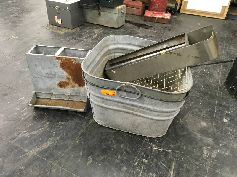 lot 32 image: Tin Crate, Sanitary Feeder, & Misc Tin