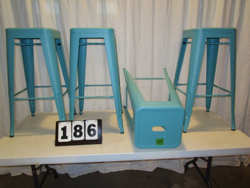 lot 186 image: Set of 4 Steel Bar Stools - Blue