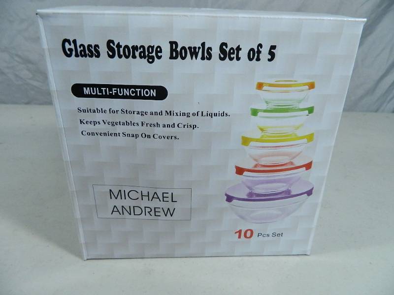 lot 8 image: New 10 Pc Glass Bowl Set with Colored Lids
