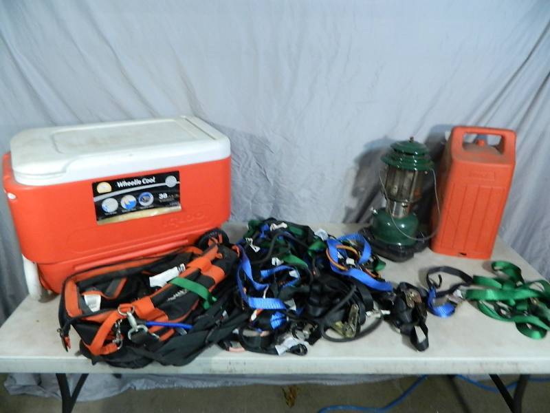 lot 104 image: Cooler, Ratchet Straps, Lantern