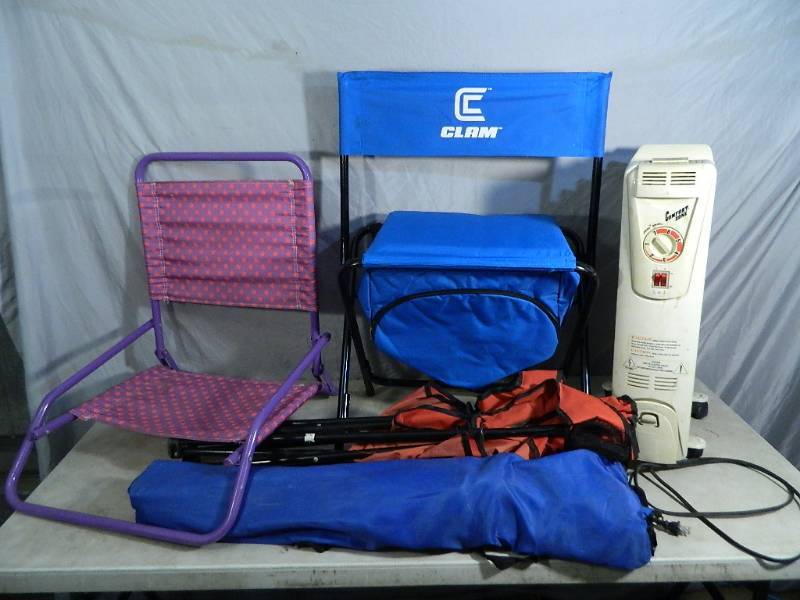 lot 142 image: Clam Chair, Oil Filled Heater, Camp Chairs, Etc