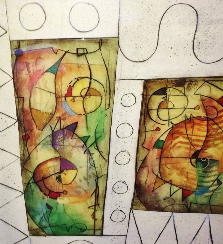 lot 1 image: FAMOUS GRAPHIC ARTIST ERIC WAUGH 3 DIMENSIONAL 5 FOOT OASIS MIXED MEDIA ON CANVAS BOARD - A CUSTOM PIECE WITH 3 COLORFUL THICK RAISED ENAMELACRYLIC PANELS WITH OTHER AREAS GRAINY TO THE TOUCH POSSIBLY ENCAUSTIC METHOD - NO RESERVE