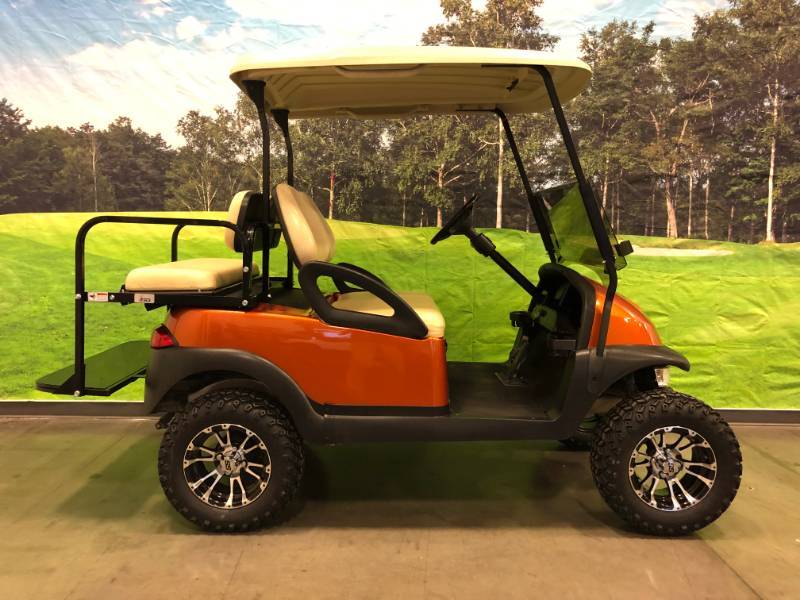 Sunburst Orange Metallic 4 Passenger Lifted Club Car Golf Cart wStreet Legal Package
