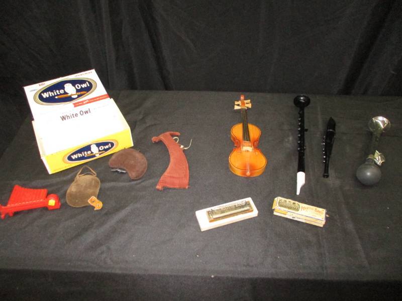 lot 7 image: Vintage Violin Chin rests and tuner. Hohner Harmonica, Recorders
