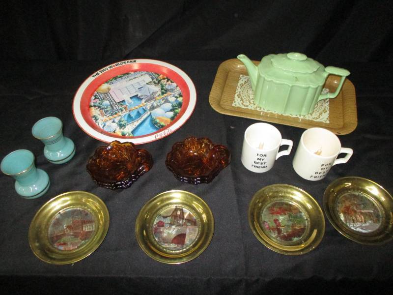 lot 137 image: Brass frame pictures, Coke World Fair Tray, my Best friend cups with a surprie inside, beautiful vases and more