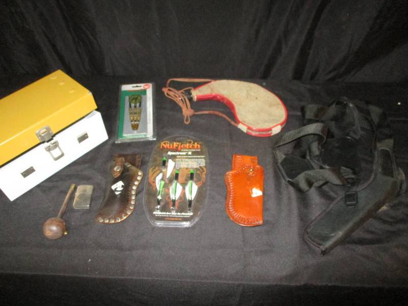 lot 158 image: Holster, Water Bag, Lighter, Darts, Arrow Fleshings, 2 other holsters and more