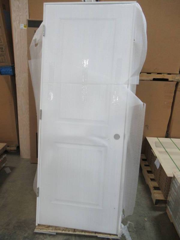 lot 370 image: JELD-WEN Cambridge Primed 2-Panel Square Hollow Core Molded Composite Slab Door and 4 916 Flat Jamb(Actual 30-in x 80-in) LOWOLJW136700828