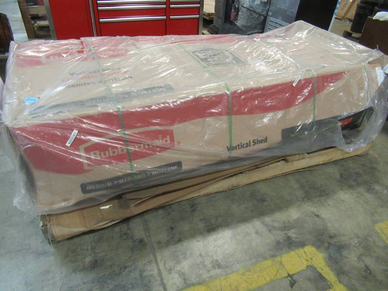 lot 385 image: Rubbermaid 4 ft. 4 in. x 4 ft. 8 in. W Medium Vertical Resin Storage Shed, FG5L2000SDONX