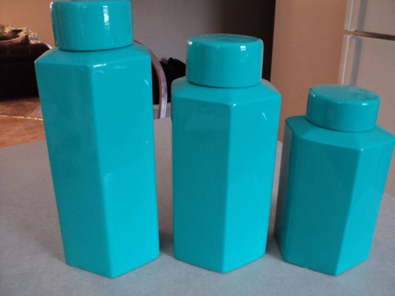 lot 168 image: 3 New Aqua Blue Jar and Cover Dco...