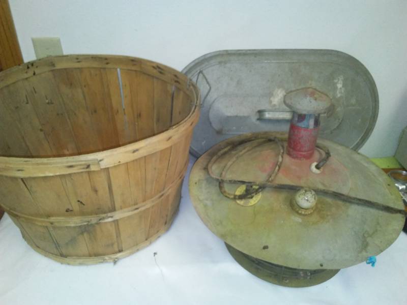 lot 91 image: Bushel basket, heater and vintage cover.