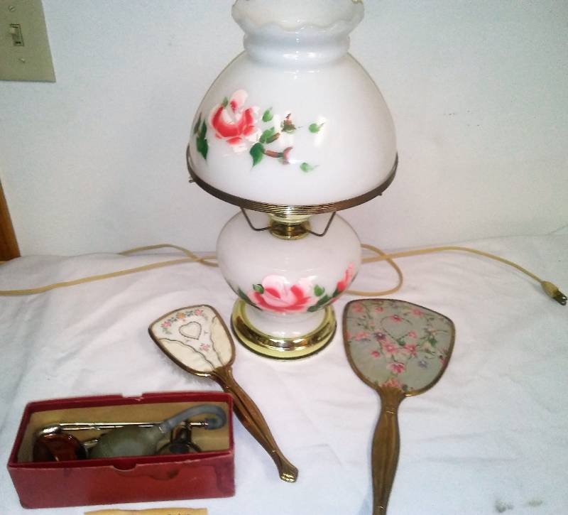 lot 165 image: Vintage milk glass lamp and Devilbiss No. 16 atomizer nose and throat original box and papers complete.