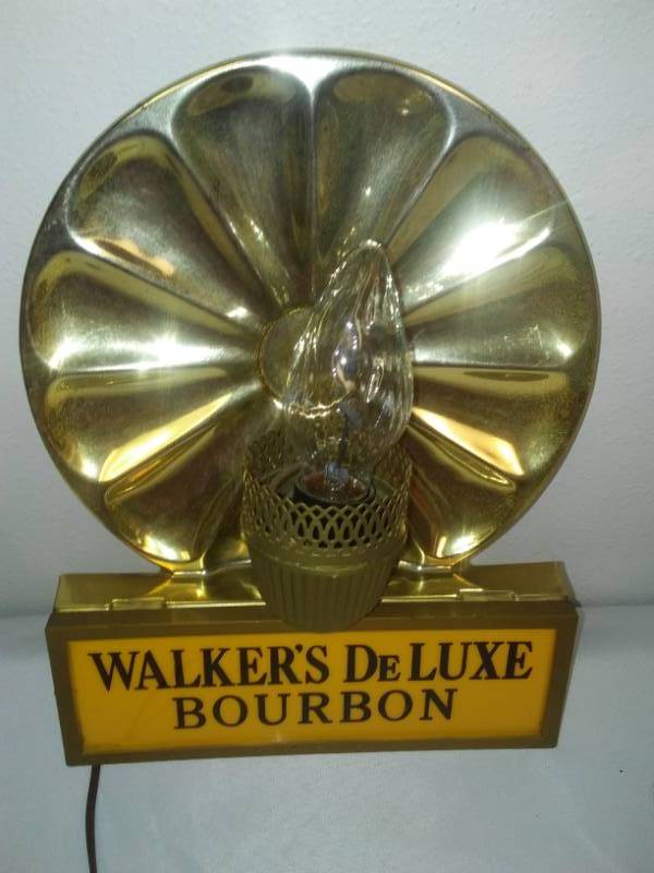 lot 170 image: RARE Vintage Walkers Deluxe bourbon sign with lighted base and candle bulb.