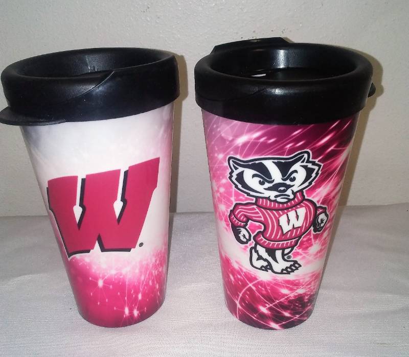 lot 199 image: 2 new Wisconsin Badger thermal travel mug Tankard, glass. Easy on off cover.