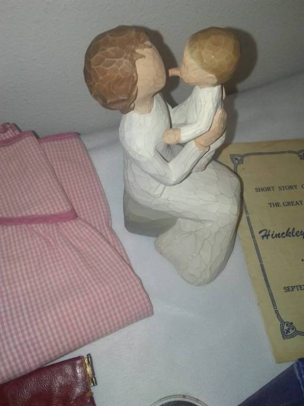 lot 230 image: Miscellaneous dog clothes, grandmother willow tree figurine, trolls, HotPads - vintage, Bobcat key floater.