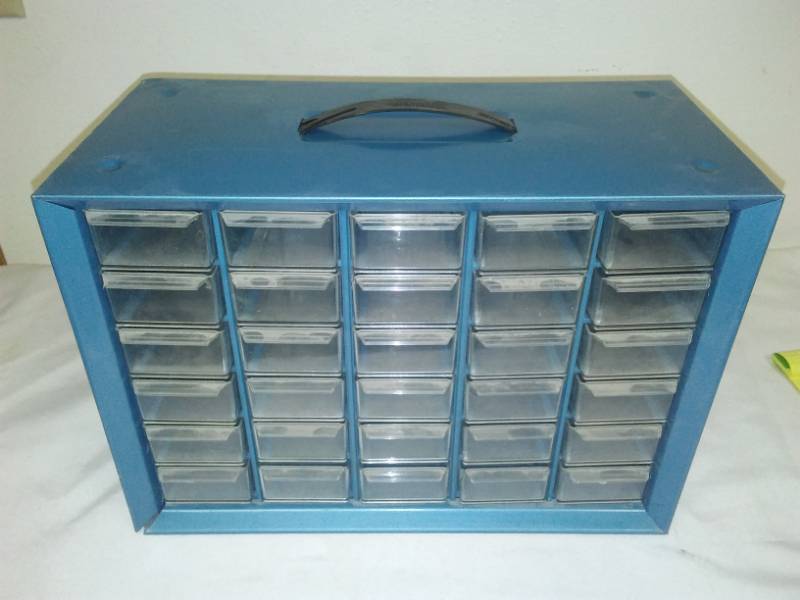 lot 234 image: 30 drawer metal utility storage crafts or Hardware. 13 x 9.5 x 6.25. Handle, Chevy blue.