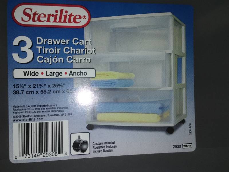 lot 300 image: 3 Sterilite large drawer units with casters.