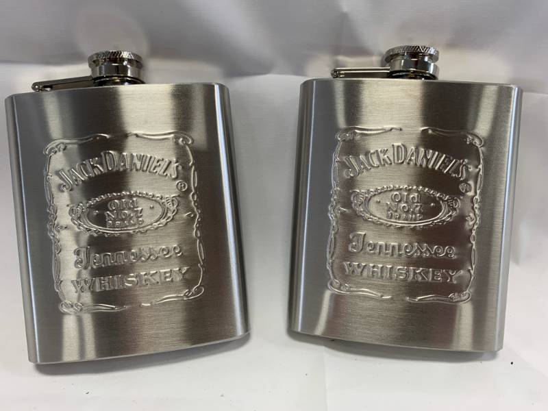 lot 17 image: Lot of 2 Stainless Steel Jack Daniels Flasks