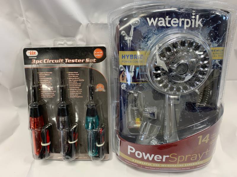 lot 20 image: Waterpik 14 Setting Shower Head & 3pc Circuit Tester