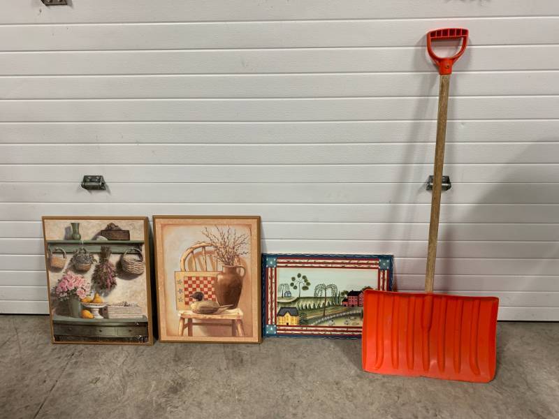 lot 70 image: Snow Shovel & 3 Wood Pictures