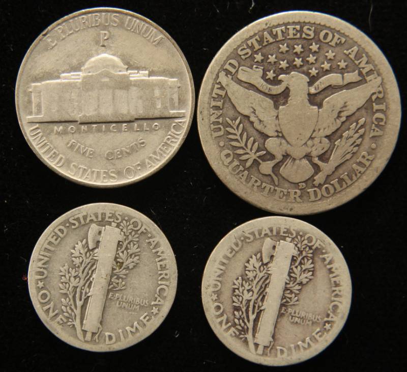 4 COINS 1914-D 25C, 1920, 1924 10C & 1944 SILVER WAR 5C