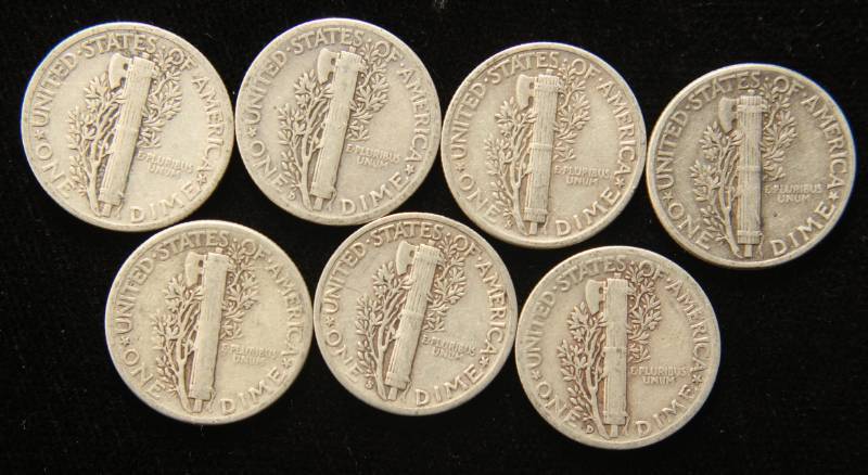 GROUP OF 7 US MERCURY SILVER DIMES