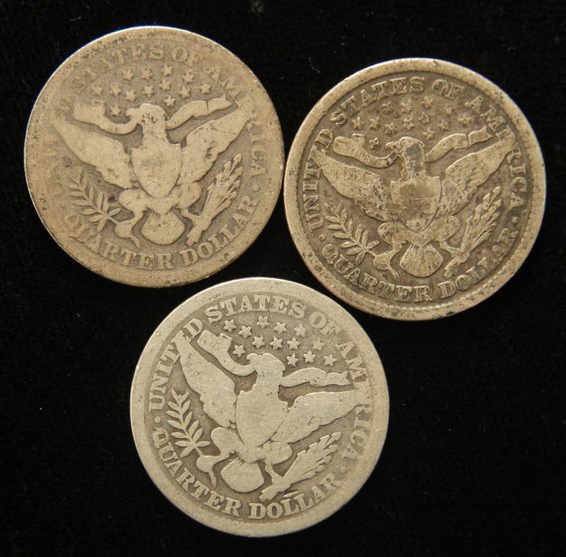 3 SILVER BARBER QUARTERS 1897 1898 1899