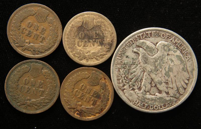 5 COINS 1942 50C 1862 1900 1903 1907 INDIAN HEAD CENTS
