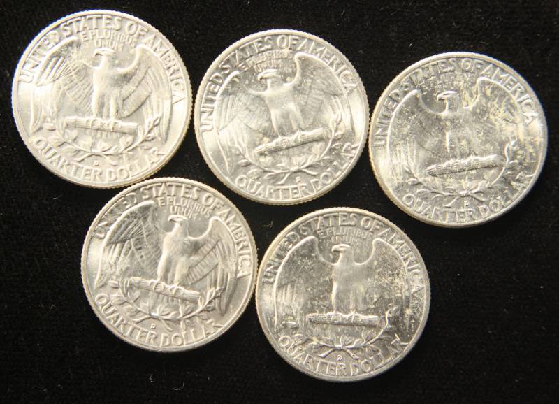 5 BU-UNC 1961-D WASHINGTON SILVER QUARTERS