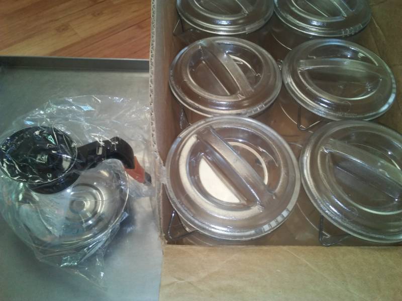 lot 84 image: New pitchers - 6 and stainless bottom coffee pot