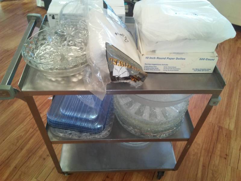 lot 92 image: Stainless steel cart with contents.
