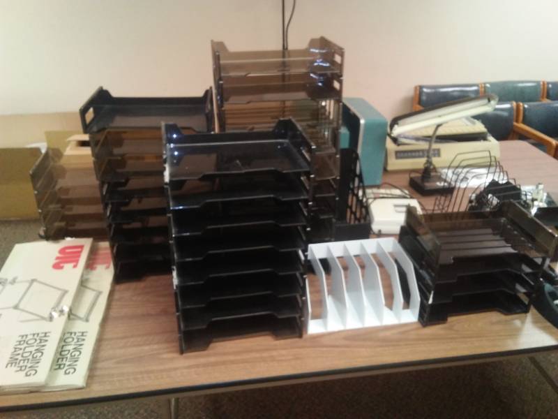 lot 310 image: Big Lot office supplies. New 30 inch keyboard drawer, stacked baskets, movie projector. 