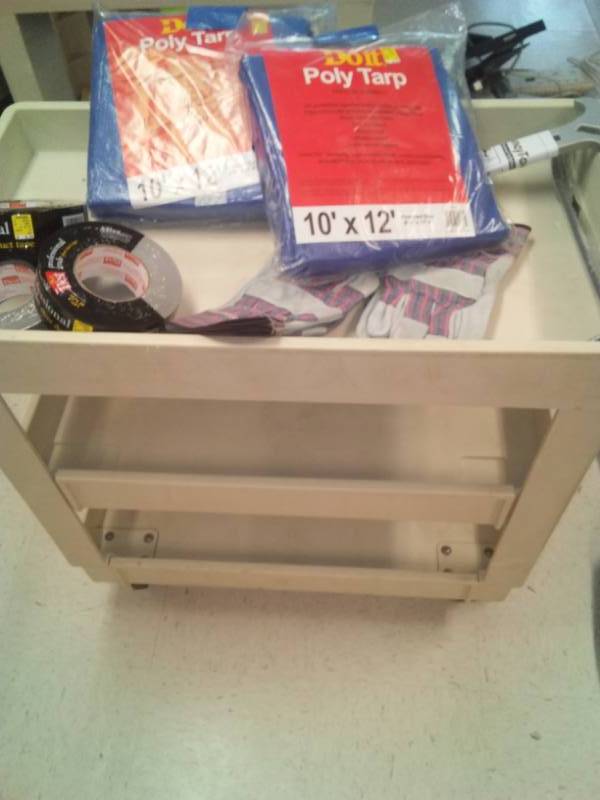 lot 350 image: Resin cart and man stuff. Duct tape, gloves, tarps