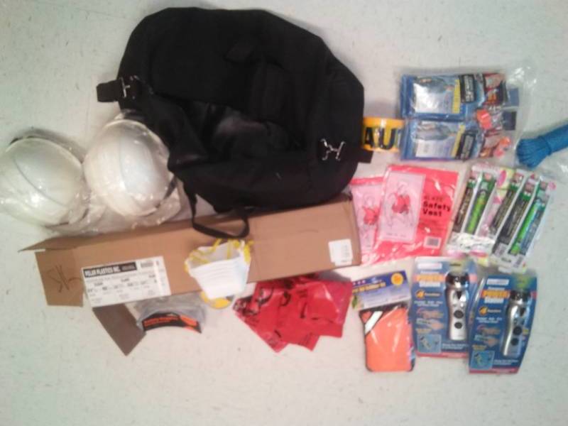 lot 352 image: 2 new Hard Hats, Safety and comfort work Zone items and plastic roll.