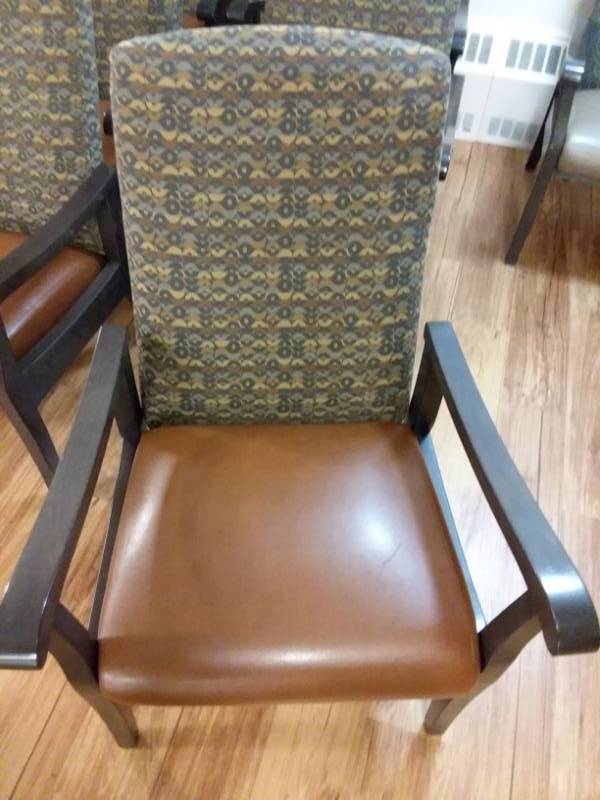 lot 625 image: Quantity 6 Straight Back Arm Chairs Brown Tones, Greys, Golds, Cloth Back.