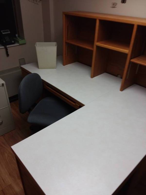 lot 645 image: L shape oak Desk, with upper shelves, Chair 2 drawer file,