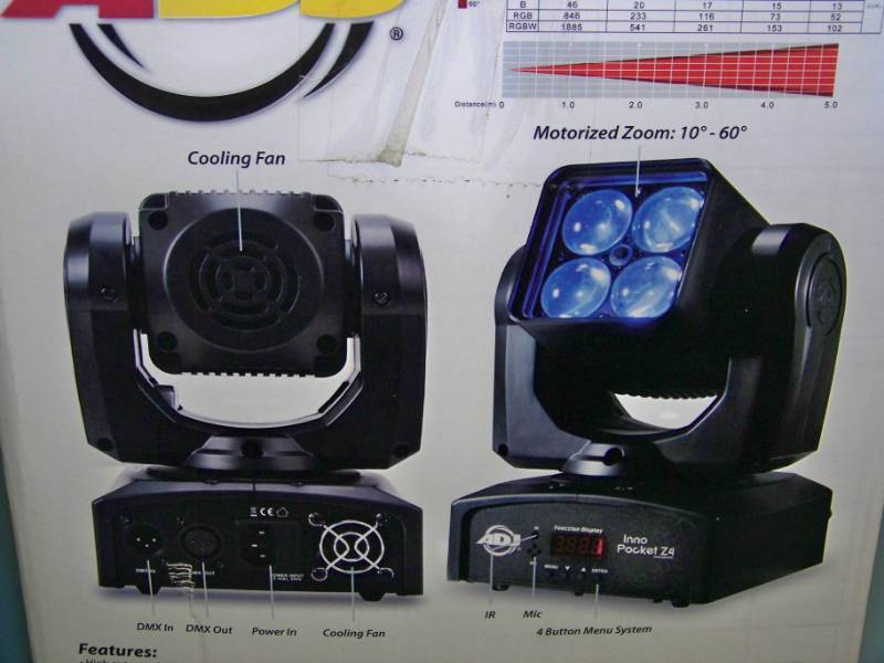 lot 30 image: ADJ,Mini Zoom, Moving Head, Quad LED Light   Professional Lighting - NEW in Original Box