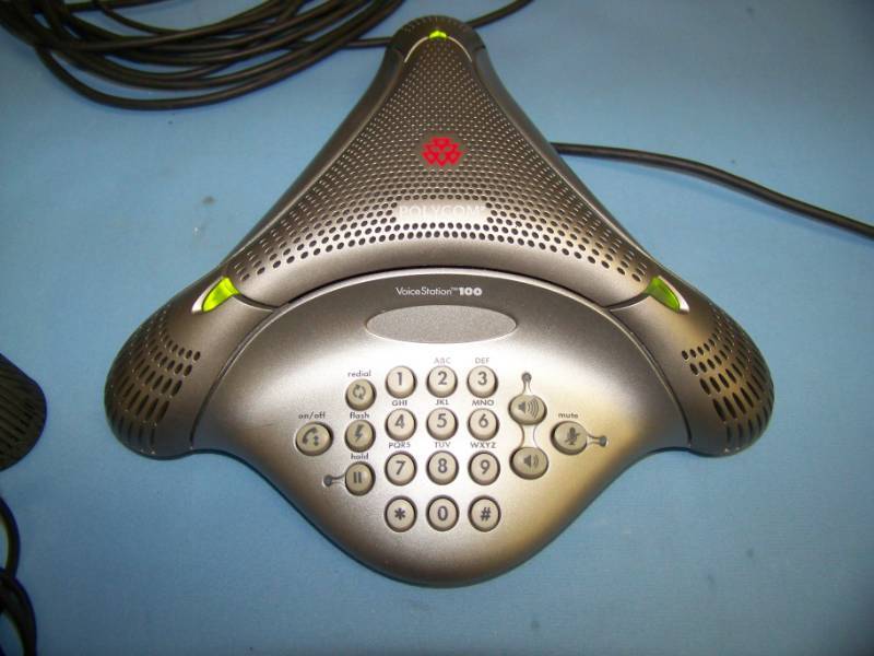 lot 194 image: (2) Polycom, Conference Telephones  Phones and Power Supplies and (2) Mic Pods  Extended Microphones