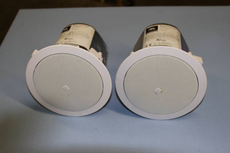 lot 123 image: Pair of White JBL Compact In-Ceiling Pro Audio Speakers, Model Control 24CT
