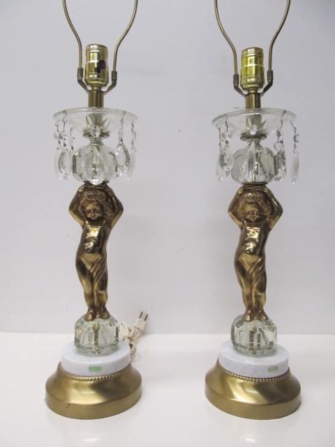 lot 21 image: Pair of Vintage Italian Cherub Table Lamps wMarble Bases