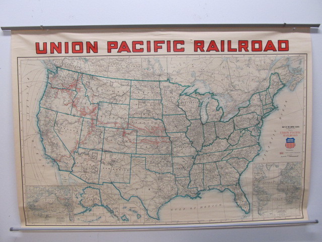 lot 6 image: Large Original Vintage UNION PACIFIC RAILROAD Train Station Pull-Down Map