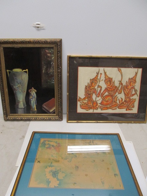 lot 195 image: Vintage Oriental Oil on Canvas Painting & 2 Prints